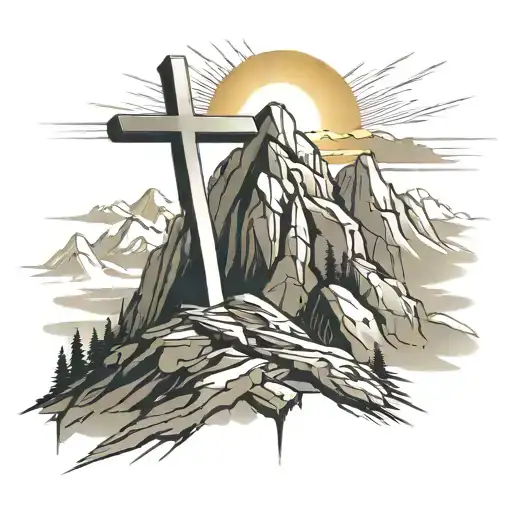 christian cross summit of a mountain landscape ray of sunshine tattoo design idea
