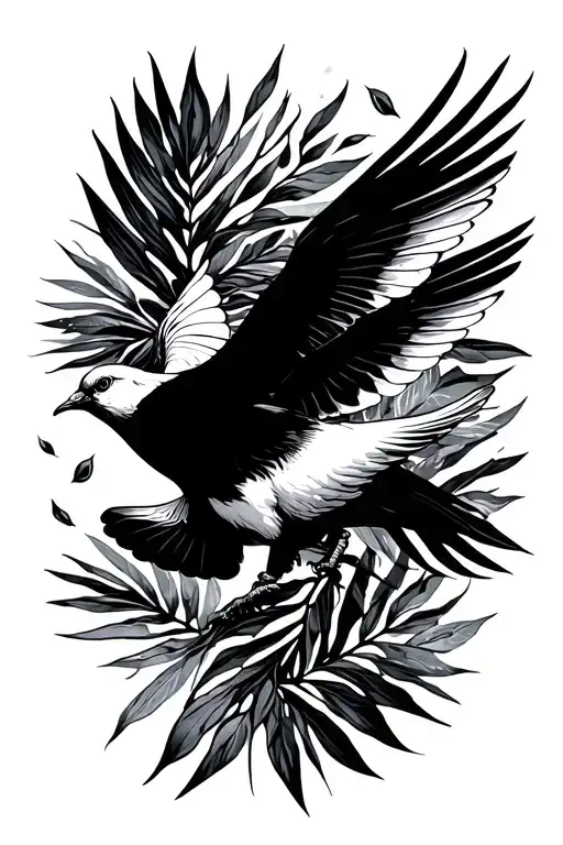 dove flying with jungle leaves falling tattoo design idea