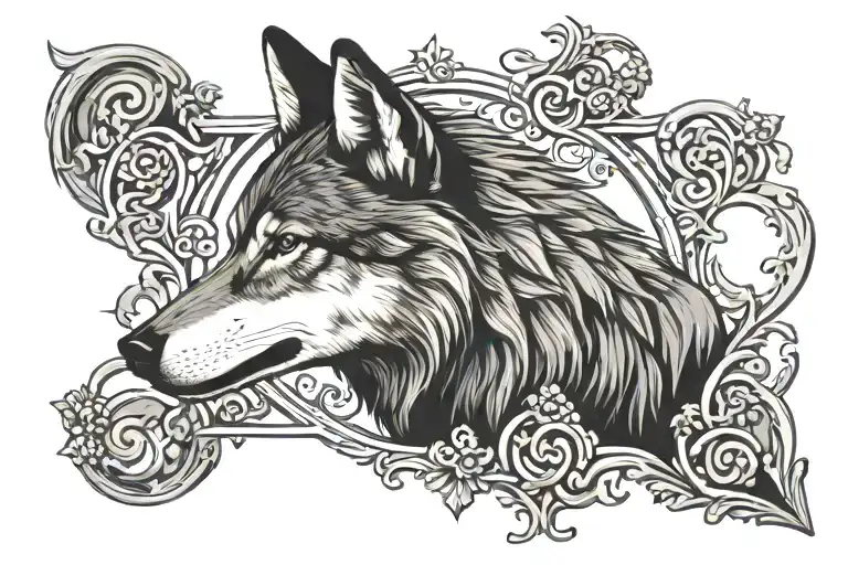 Wolf inside filigree frame tattoo design idea