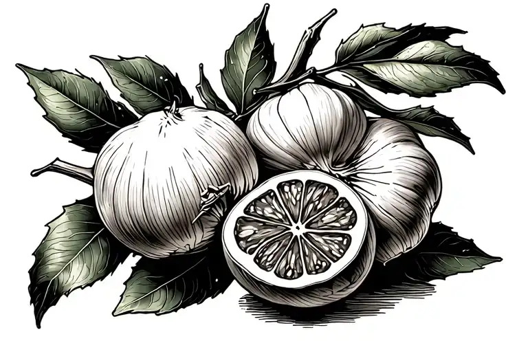 olive branch, lemon, garlic tattoo design idea