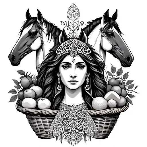 Celtic Goddess, Epona. surrounded by Horses and baskets of fruit tattoo design idea