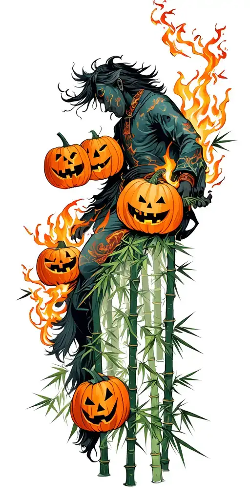 Halloween theme, headless horseman throwing burning pumpkins on one side of the arm and bamboo forest other side tattoo design idea