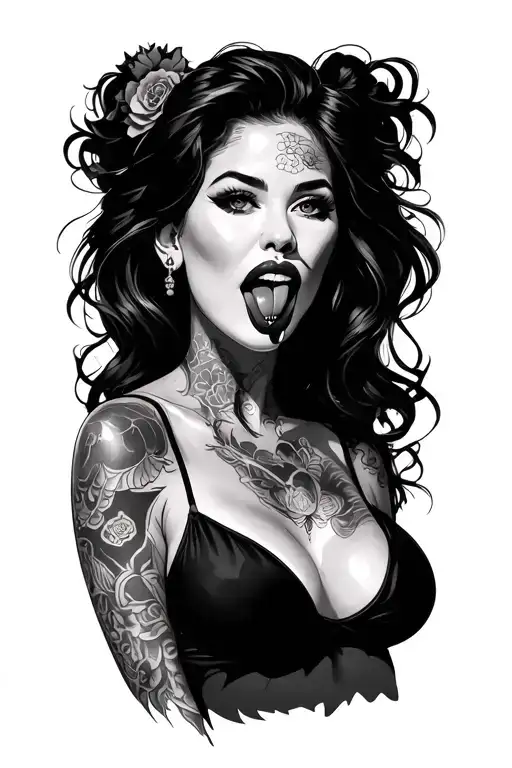 Successful woman focused on her big and sexy breasts with forked tongue out and piercing tattoo design idea
