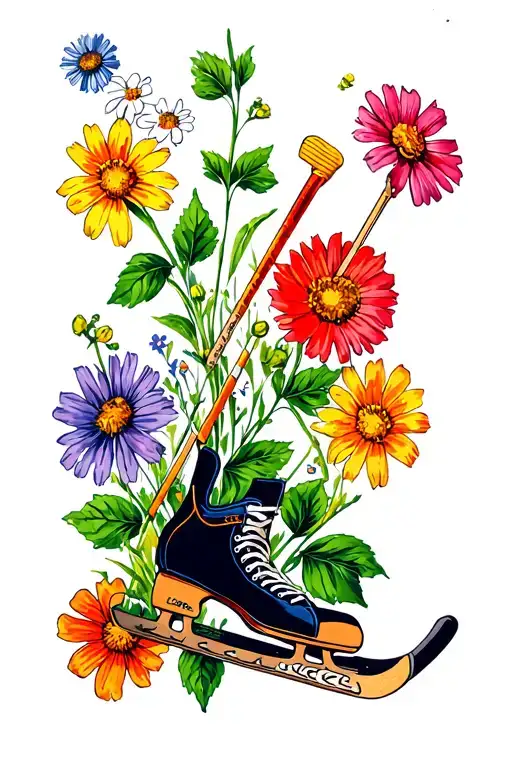 Pond Hockey, hockey stick, hockey skate surrounded by wildflowers tattoo design idea