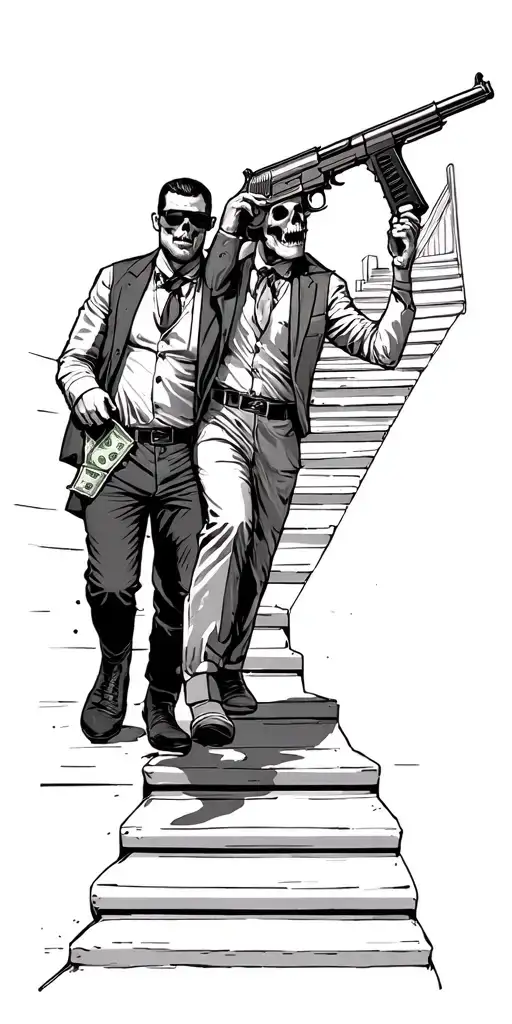 rich men walking on stairs with the gun money afraid from prison and death  tattoo design idea