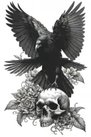 black raven with spreaded wings on top of a skull, surrounded with flowers tattoo design idea