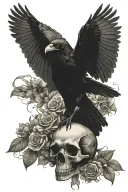 black raven with spreaded wings on top of a skull, surrounded with flowers tattoo design idea