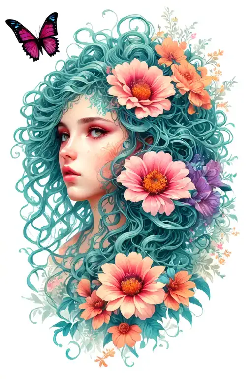 medusa with flowers ang butterflies  tattoo design idea