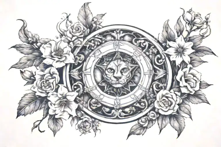 hecate wheel surrounded by belladonna flowers tattoo design idea