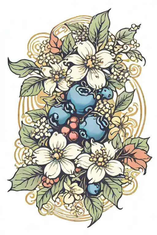art nouveau style blueberries and flowers growing tattoo design idea