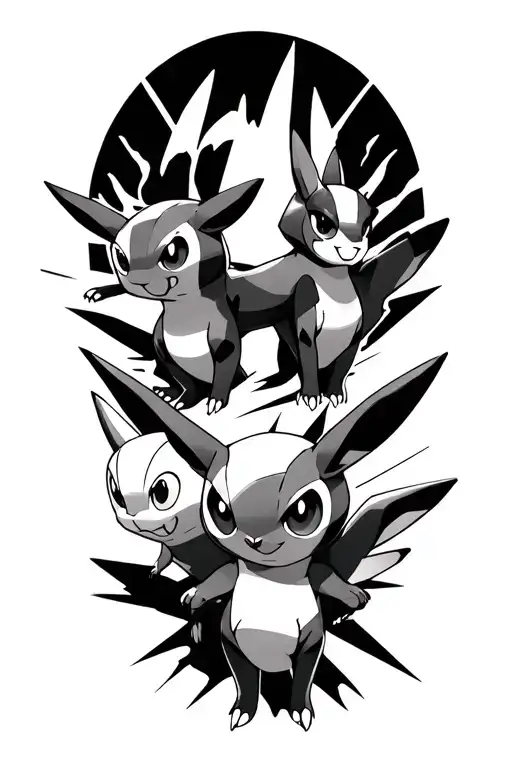 Guilmon, Pikachu, Houndour, Keroberos, Spinel Sun in a collage format with an abstract style background connecting them tattoo design idea