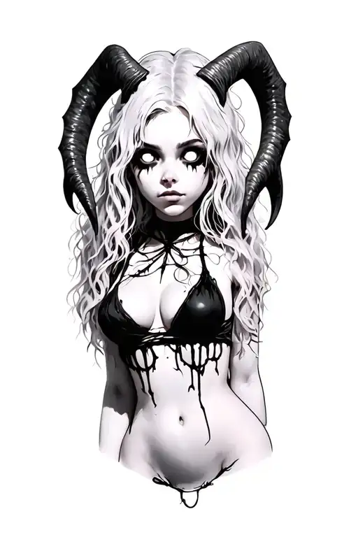 Sexy Pale Girl, Petite, Big Boobs, Wide Hips, G-string. Messy Hair, Demonic Horns, Sexual.... on hood, white eyes tattoo design idea