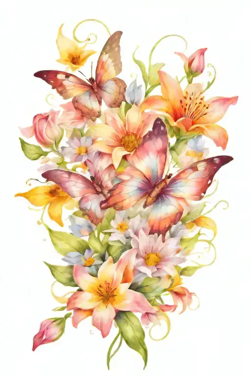 full sleeve tattoo of  a watercolor tattoo of a butterfly with daisies, lilies, sunflowers with pinks, blues and purples tattoo design idea