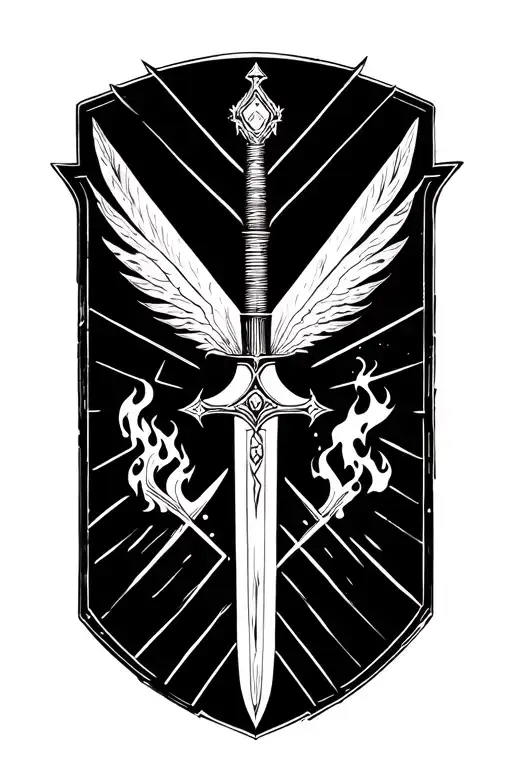 Full grid featuring elements like fire water wind earth dark light, shield and sword behind  tattoo design idea