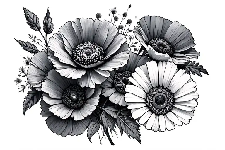 marigolds, poppies, carnations, daisies tattoo design idea