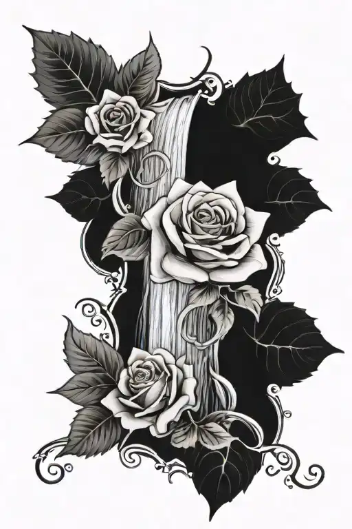 waterfall, rose at bottom and ivy leaves growing tattoo design idea