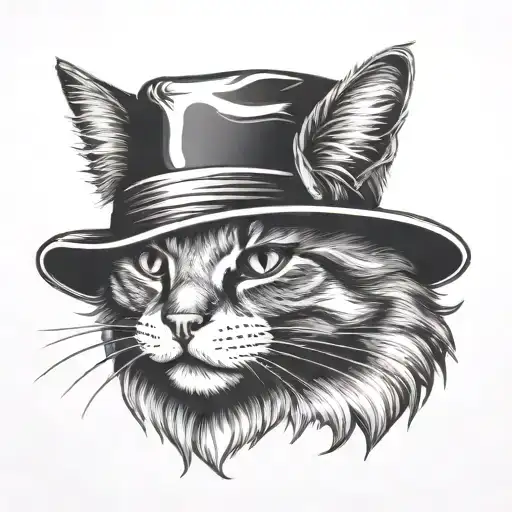 cat head in hat with bowtie  and monocoee tattoo design idea