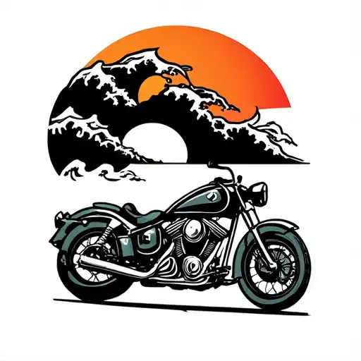 audio wave with beer motorcycle and sun tattoo design idea