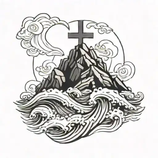 a thick rock catching waves at the bottom, with a cross on top tattoo design idea