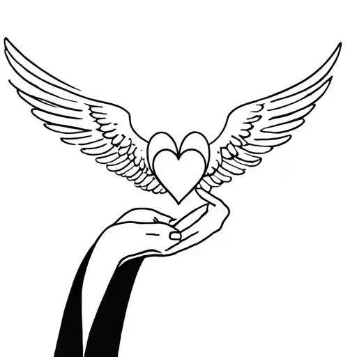 very minimalist fine line of a heart held in the hands of an angel where we go that his head and his wings tattoo design idea