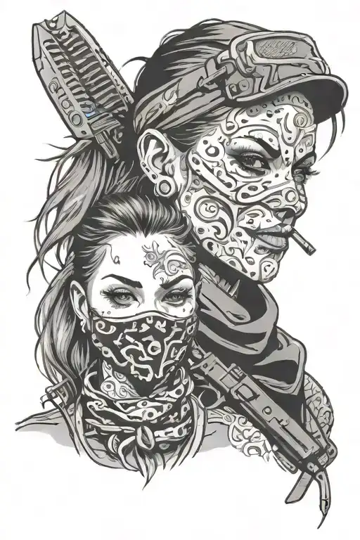 2 head profiles evil smiling. 1 girl has a LV ski mask praying, and 1 is holding a gun with a bandana on her mouth.  tattoo design idea