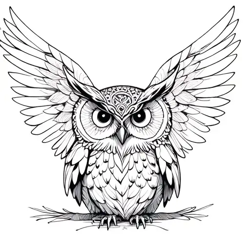 Owl Mandala sitting wings down tattoo design idea
