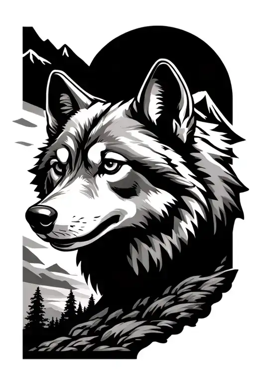wolf head, oregon coast, mountain landscape, chevy v8,  tattoo design idea