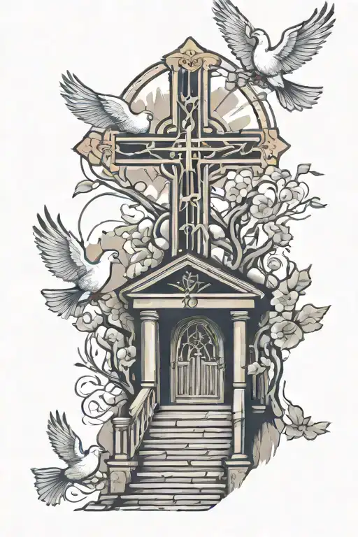 cross, stair way to heaven gates doves flying tattoo design idea