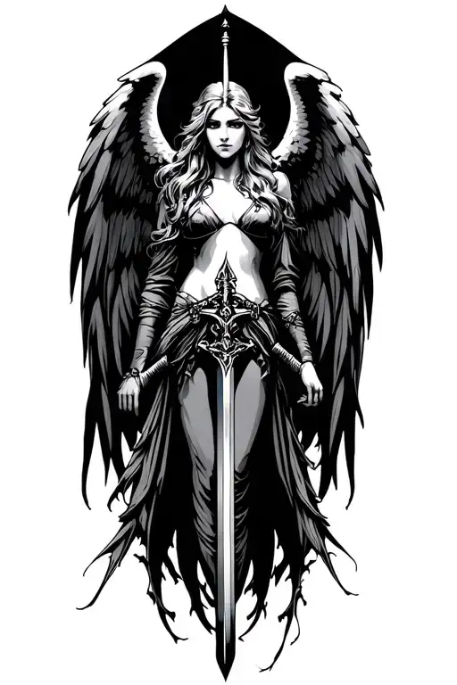 dark angel holding a sword tattoo design idea