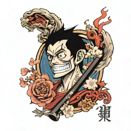 japanes arm sleeve with shrines, mazda miata, sakura flowers and luffy from one piece tattoo design idea