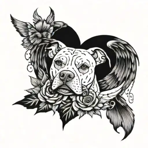 A pit bull portrait with wings, surrounded by singing birds and Gothic roses tattoo design idea