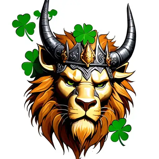 Viking lion oni mask with four leaf clover crown tattoo tattoo design idea