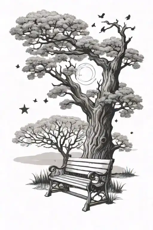 oak tree with a bench watching stars tattoo design idea