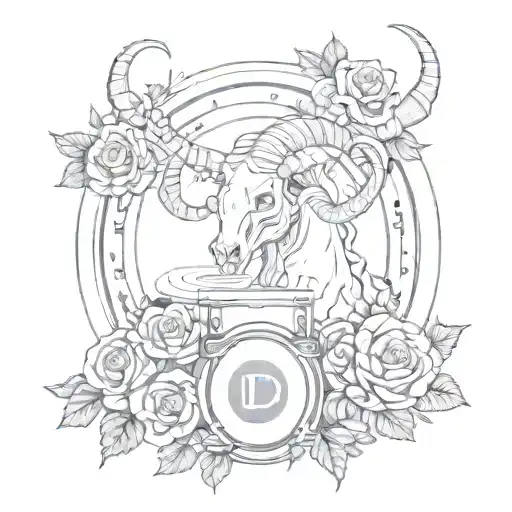 Combine a DJ turntable with a majestic Capricorn symbol surrounded by roses and skulls tattoo design idea