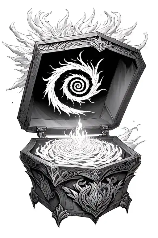 Epic and detailed tattoo design inspired by Saint Seiya. A sacred box (Pandora Box style) is open, releasing a spiral-sh tattoo design idea