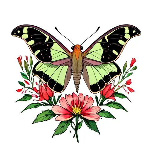 Neotraditional tattoo design of a Luna moth under some bleeding hearts flowers with Indian paintbrush as accent  tattoo design idea