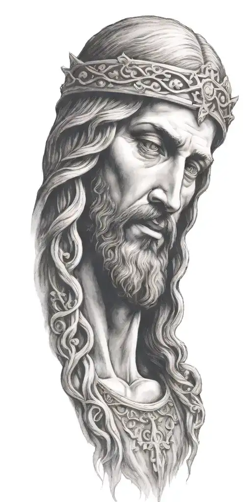 Jesus head with angelic scene below tattoo design idea