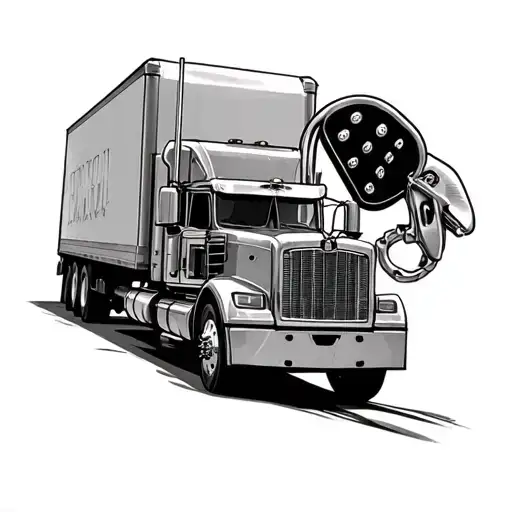 18 wheeler with dog tag handing from the review mirror tattoo design idea
