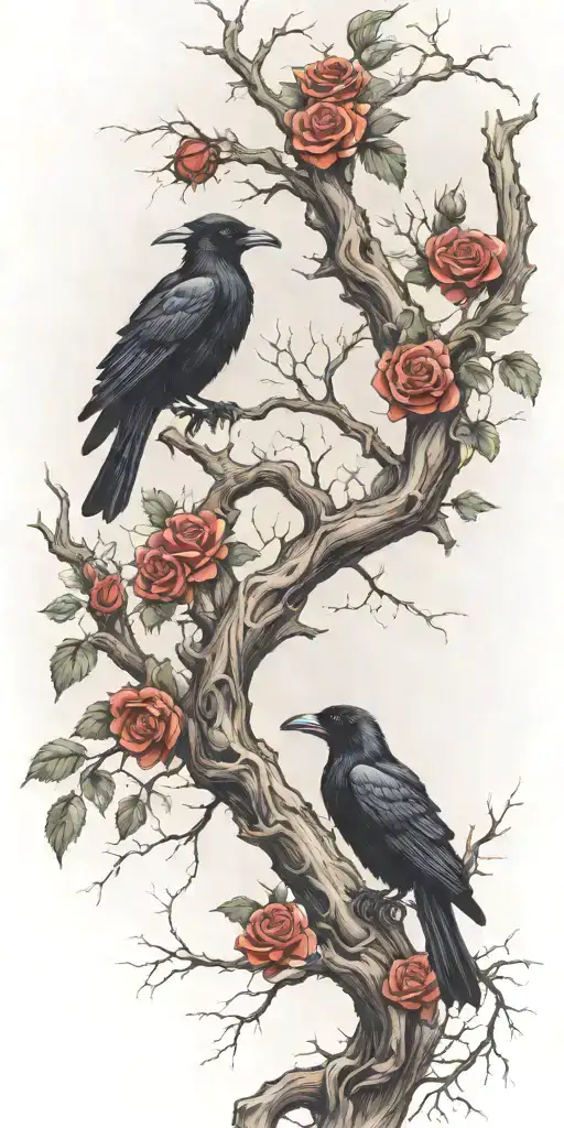 crooked scary looking tree wich gnarled and snapped branches. ravens perched amongst the branches roses weaving amongst tattoo design idea