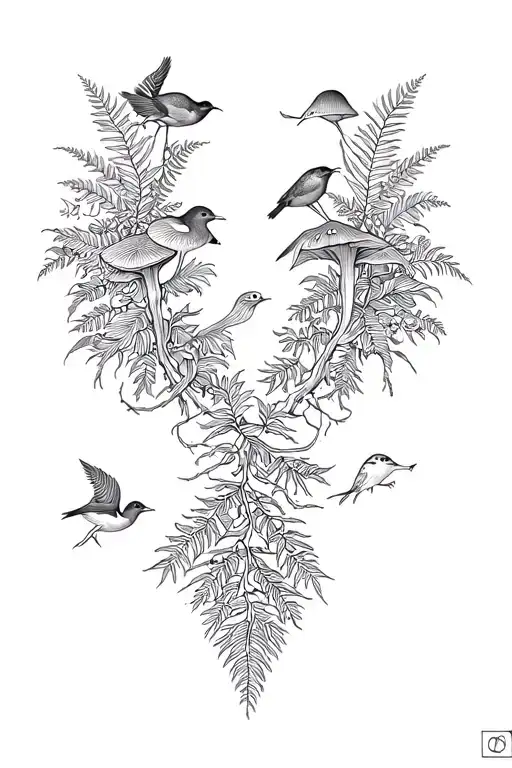 ornamental back piece with vines and ferns mushrooms and birds and sea creatures covering the back in a minimalistic sty tattoo design idea