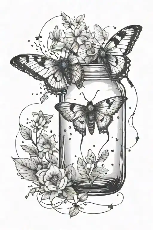 minimalist tattoo showing a chipped mason jar and one pretty, lunar moth flying nearby with celestial images dotted arou tattoo design idea