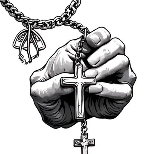 necklace of prayer hands that is also holding a small necklace that has a cross on it tattoo design idea