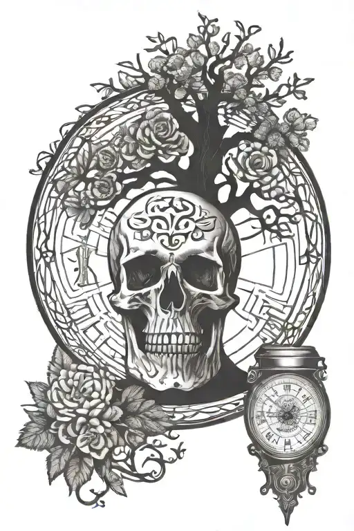 skull that says memento mori, celtic tree of life that says memento vivere, and an hour glass that says tempus fugit tattoo design idea