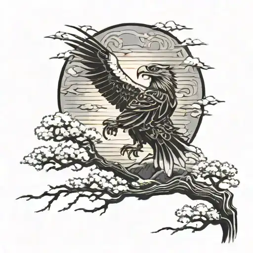 eagle samurai warrior japanese trees and sunset tattoo design idea
