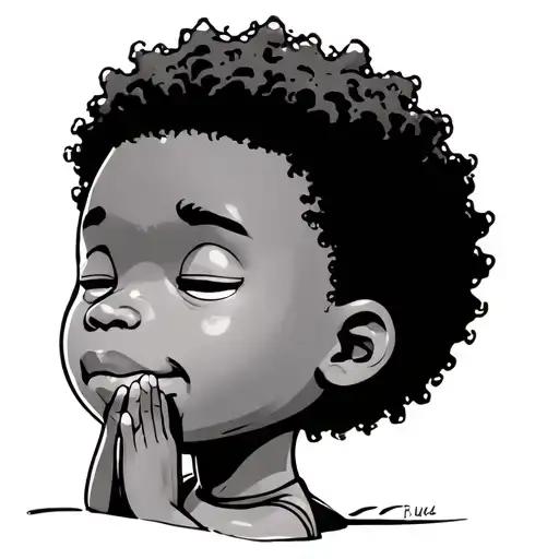 cartoon African American young boy with a nappy mini Afro praying looking sideways with eyes closed tattoo design idea