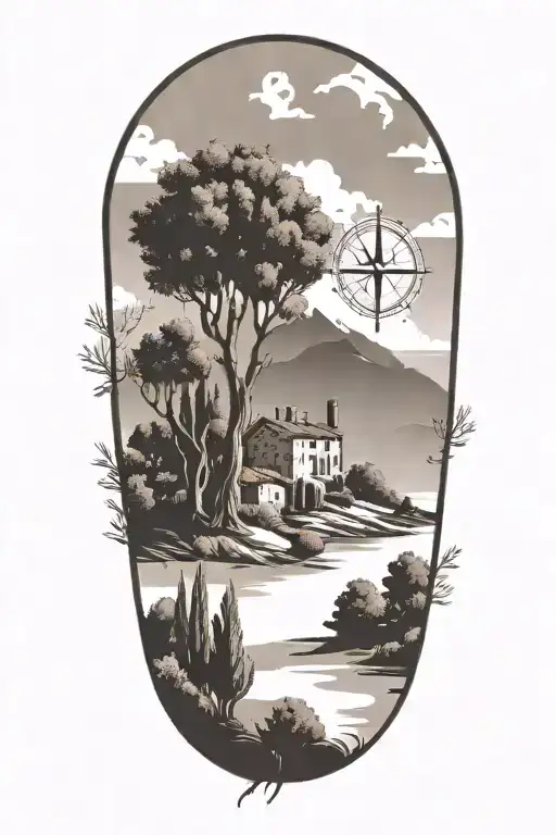 italian tuscany landscape with olive and cypress trees and flowers and compass  tattoo design idea