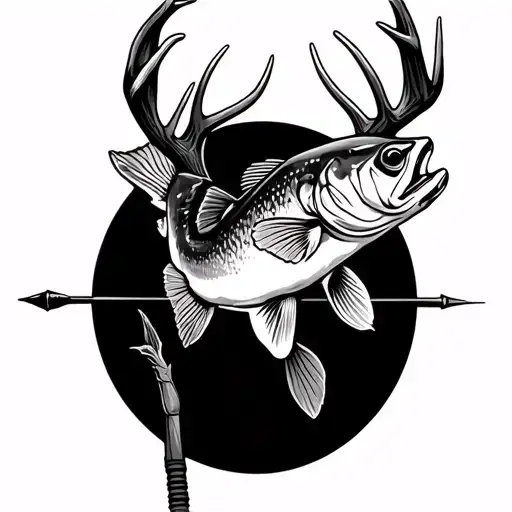 Create spine tattoo of archery, broadhead, deer antlers, deer hooves (tracks), largemouth bass, fishing pole, shotgun sh tattoo design idea