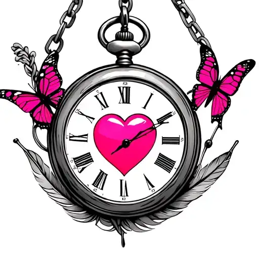 rustic pocket watch pink heart center 2 pink butterflies and feathers on chain forearm tattoo tattoo design idea