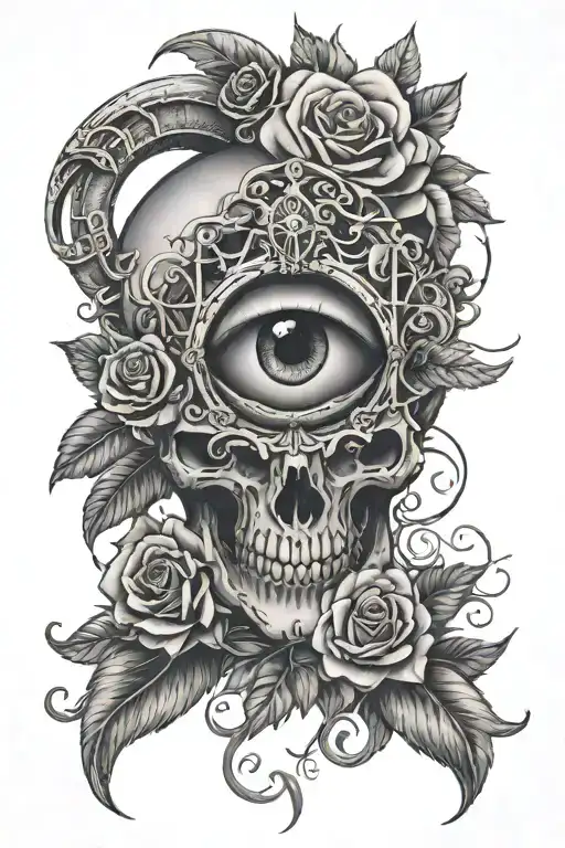all seeing eye roman numeral clock skull rose intertwined with the eye ball as main portion  focus  tattoo design idea