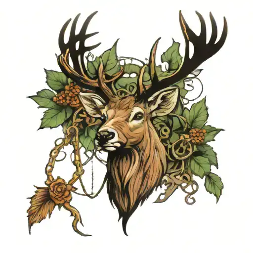 A majestic stag with antlers intertwined with fishing hooks, symbolizing the client's love for hunting and fishing tattoo design idea